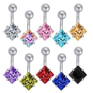 14G 316L Square Cubic Zirconia Barbell Belly Button Navel Rings -  Set of 10